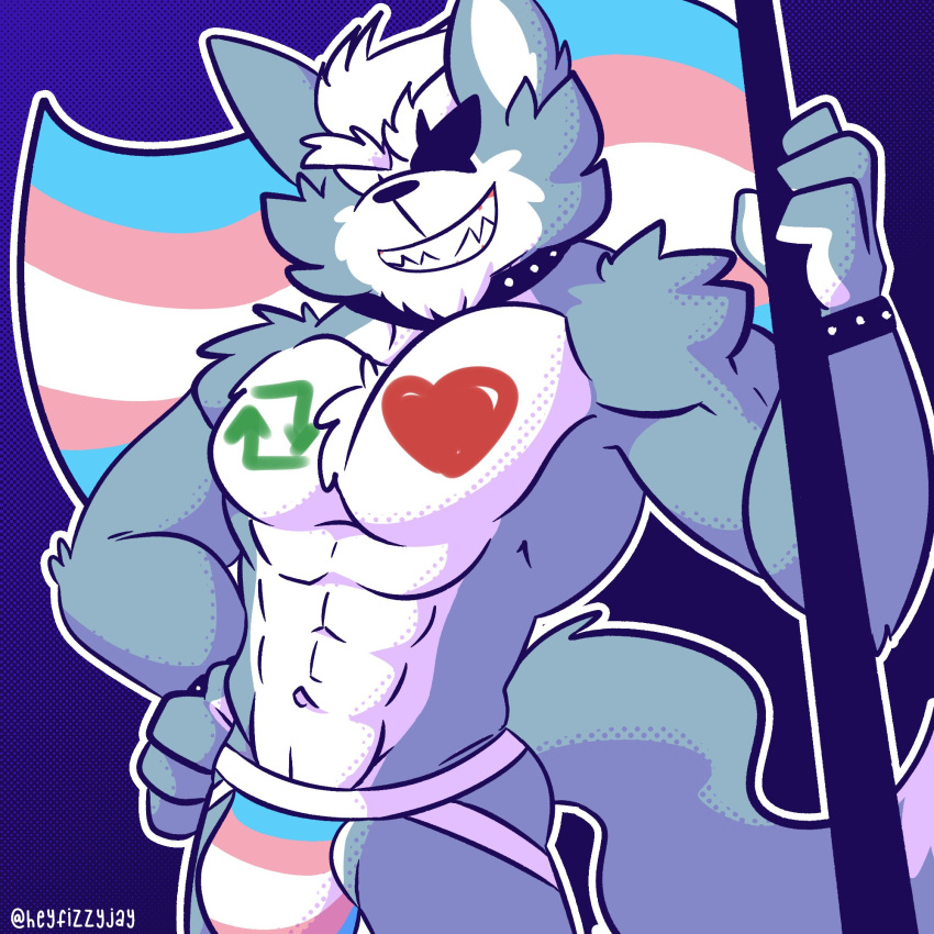 &lt;3 2022 abs anthro big_bulge big_muscles blue_background bodypaint bracelet bulge canid canine canis clothing collar eye_patch eyebrows eyewear fizzyjay flag fur hair hand_on_hip hi_res holding_flag holding_object jewelry jockstrap lgbt_pride looking_at_viewer male mammal muscular muscular_anthro muscular_male navel nintendo obliques pecs pride_color_clothing pride_color_underwear pride_colors retweet simple_background smile solo standing star_fox teeth text transgender_pride_colors tuft twitter underwear url video_games wolf wolf_o'donnell