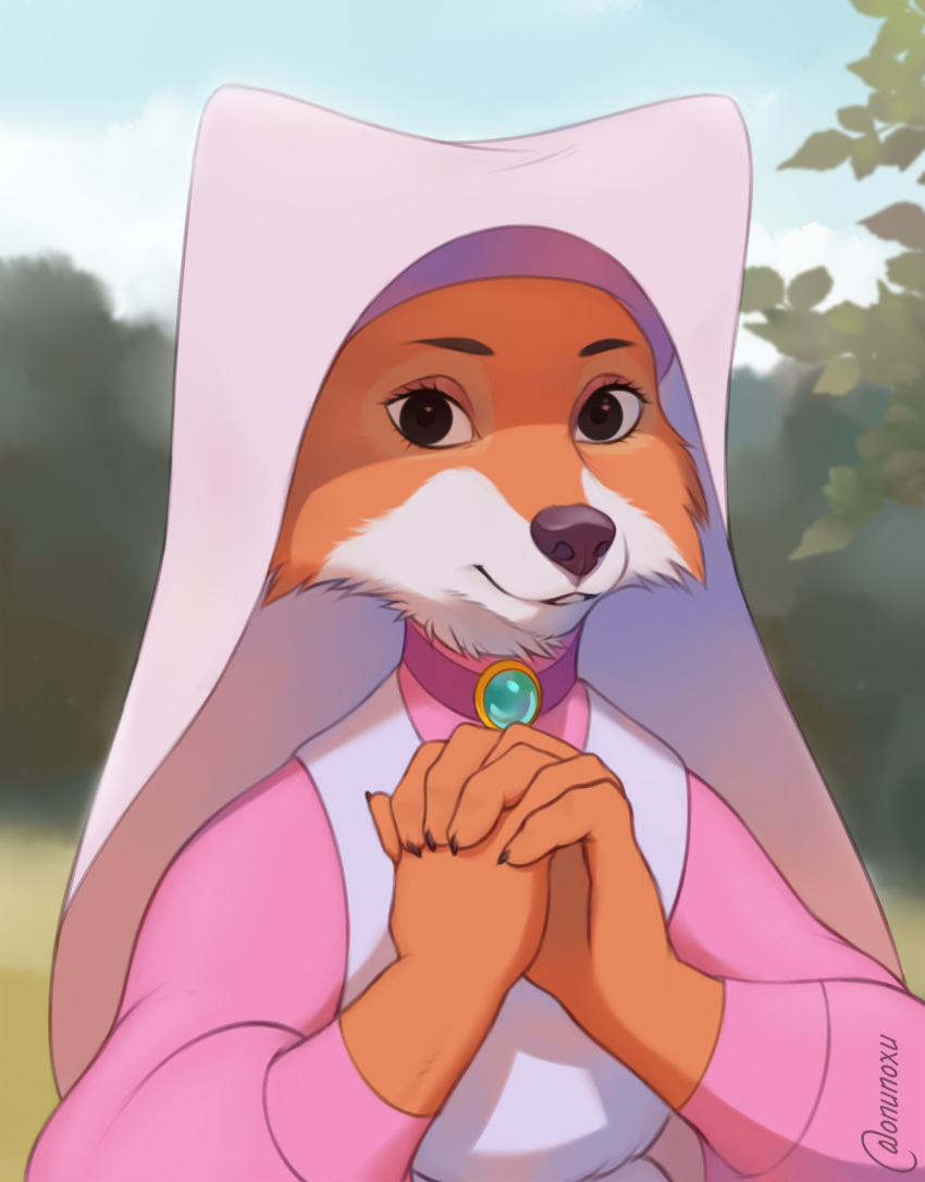 anthro canid canine disney female forest forest_background fox hands_together hi_res looking_at_viewer maid_marian makeup mammal nature nature_background noxu plant robin_hood_(disney) smile solo tree