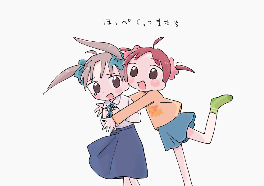 1nupool 2girls :d :t ahoge animal_print ankle_socks aqua_bow aqua_ribbon bangs blue_bow blue_ribbon blue_skirt blush_stickers bow brown_eyes cheek_press clenched_hands collared_shirt culottes dog_print dot_nose eyebrows_visible_through_hair feet_out_of_frame floating_hair foot_out_of_frame furrowed_brow glomp green_legwear hair_bow hair_ribbon hands_up heads_together high-waist_skirt highres hug leaning_forward leg_up light_brown_hair long_sleeves looking_at_viewer looking_to_the_side medium_skirt multiple_girls neck_ribbon no_pupils no_shoes open_hands open_mouth orange_shirt original parted_bangs pink_bow pink_ribbon print_shirt red_eyes ribbon shirt shirt_tucked_in short_hair short_twintails simple_background single_tear skirt smile socks standing tearing_up tears translation_request twintails w_arms white_background white_shirt wing_collar