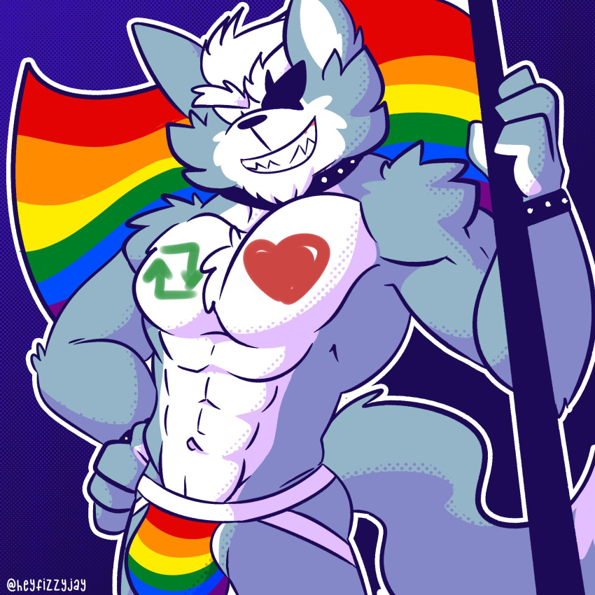 &lt;3 2022 abs anthro big_bulge big_muscles blue_background bodypaint bracelet bulge canid canine canis clothing collar eye_patch eyebrows eyewear fizzyjay flag fur hair hand_on_hip hi_res holding_flag holding_object jewelry jockstrap lgbt_pride looking_at_viewer male mammal muscular muscular_anthro muscular_male navel nintendo obliques pecs pride_color_clothing pride_color_underwear pride_colors rainbow_flag rainbow_pride_flag rainbow_symbol retweet simple_background smile solo standing star_fox teeth text tuft twitter underwear url video_games wolf wolf_o'donnell