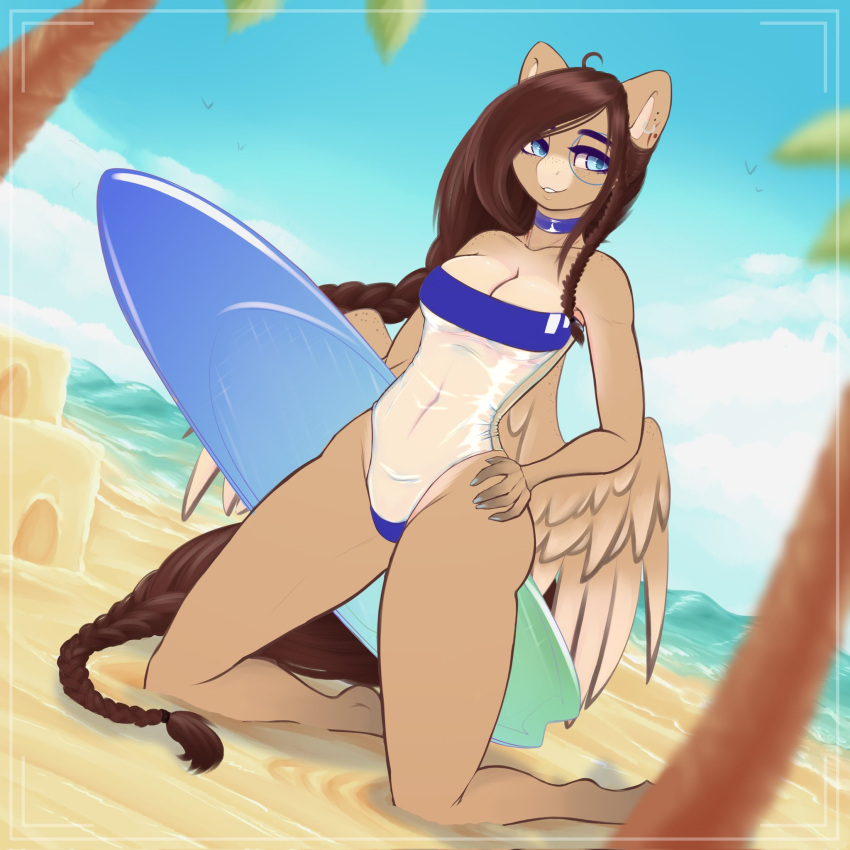 anthro beach braided_hair braided_tail breasts brown_body brown_hair choker clothing equid equine evlass feathered_wings feathers female hair hasbro hi_res jewelry mammal my_little_pony navel necklace ondrea_(ondrea) pegasus plant sand sand_castle sculpture sea seaside surfboard swimwear tan_body tree water wide_hips wings