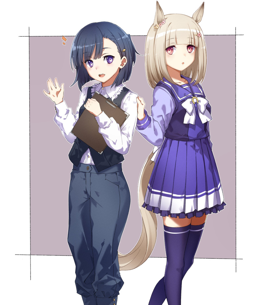 2girls :o absurdres animal_ears arm_at_side bangs black_hair black_pants black_vest blonde_hair bow bowtie clipboard collared_shirt frilled_shirt_collar frills hair_ornament hairclip hands_up happy_meek_(umamusume) highres horse_ears horse_girl horse_tail kiryuuin_aoi long_sleeves looking_at_viewer medium_hair multiple_girls notice_lines open_mouth panties pants pleated_skirt purple_eyes purple_legwear purple_skirt red_eyes sailor_collar school_uniform shirt shirt_grab short_hair skirt smile standing tail thighhighs tracen_school_uniform umamusume underwear vest waving white_bow white_bowtie white_shirt yoru_kiri