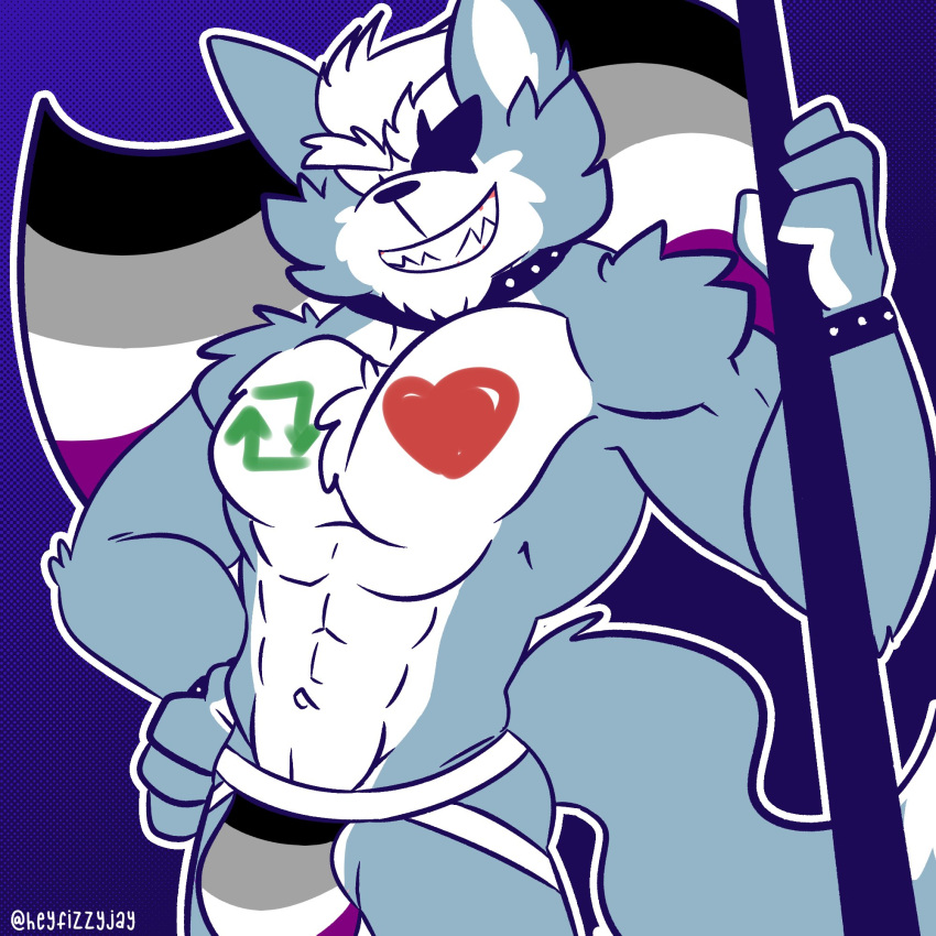 &lt;3 2022 abs anthro asexual_pride_colors big_bulge big_muscles blue_background bodypaint bracelet bulge canid canine canis clothing collar eye_patch eyebrows eyewear fizzyjay flag fur hair hand_on_hip hi_res holding_flag holding_object jewelry jockstrap lgbt_pride looking_at_viewer male mammal muscular muscular_anthro muscular_male navel nintendo obliques pecs pride_color_clothing pride_color_underwear pride_colors retweet simple_background smile solo standing star_fox teeth text tuft twitter underwear url video_games wolf wolf_o'donnell