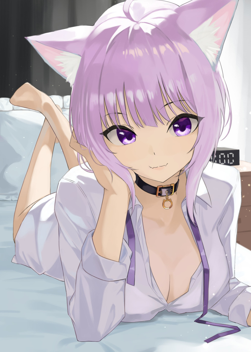 1girl absurdres ahoge animal_ear_fluff animal_ears bangs barefoot black_choker breasts cat_ears choker cleavage clock closed_mouth crossed_ankles digital_clock eyebrows_visible_through_hair fangs fangs_out full_body highres hololive indoors long_sleeves looking_at_viewer lying nekomata_okayu on_bed on_stomach pillow purple_eyes purple_hair purple_ribbon ribbon shirt sino_(oyasumi_hf) skin_fangs solo the_pose virtual_youtuber white_shirt