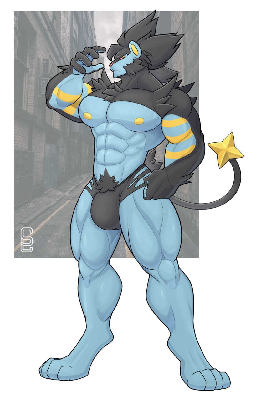 2022 abs alpha_pok&eacute;mon anthro anthrofied big_bulge big_muscles bulge clothing fur hi_res luxray male muscular muscular_anthro muscular_male navel nintendo nipples obliques pecs pok&eacute;mon pok&eacute;mon_(species) pubes simple_background solard0gg0 solo standing thong tuft underwear video_games