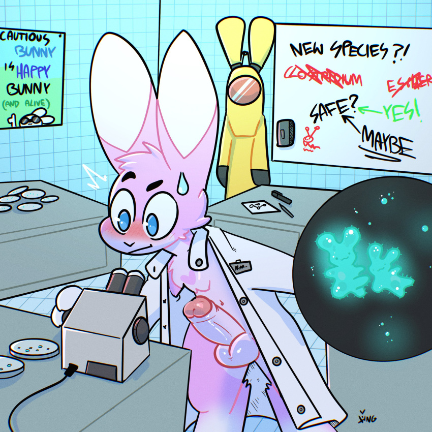 absurd_res ambiguous_gender anthro balls big_penis blush blush_lines bodily_fluids cheek_tuft chest_tuft clothed clothing coat erection facial_tuft foreskin fur genitals glowing group hazmat_suit hi_res huge_penis humor lab_coat laboratory lagomorph leporid male mammal micro_organism_(organism) microscope microscopic open_clothing open_coat open_topwear penis pink_body pink_fur rabbit science_experiment suprised_look surprise sweat sweatdrop the_xing1 topwear tuft white_body white_fur wide_eyed