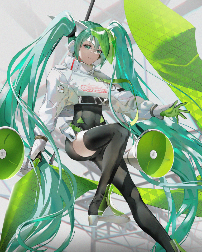 1girl absurdly_long_hair aqua_eyes aqua_hair asymmetrical_bodysuit black_bodysuit bodysuit boots breasts bright_pupils closed_mouth covered_navel crop_top crop_top_overhang cropped_jacket feet_out_of_frame flag flagpole flame_print gloves goodsmile_company goodsmile_racing green_gloves hatsune_miku high_heel_boots high_heels highres holding holding_flag holding_pole leg_up long_hair looking_at_viewer pole race_queen racing_miku racing_miku_(2022) single_thigh_boot skindentation smile smiley_face solo speaker thigh_boots thighhighs tsujieiri twintails very_long_hair visor vocaloid