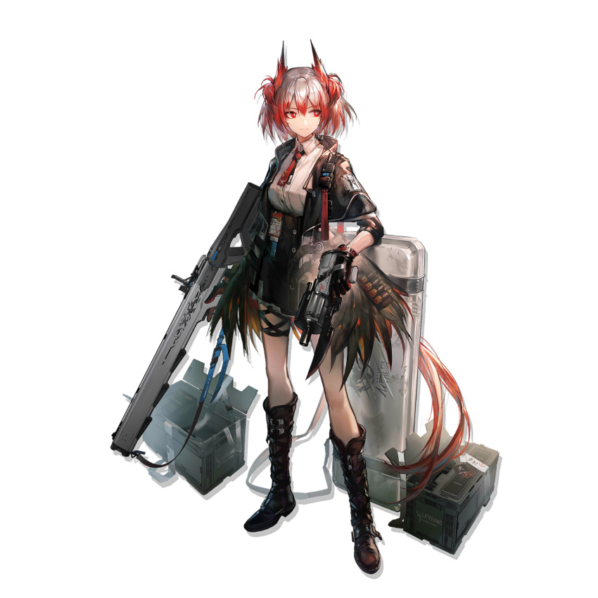 1girl arknights bangs black_footwear black_jacket black_skirt boots eyebrows_visible_through_hair fiammetta_(arknights) full_body gun highres holding holding_gun holding_weapon huanxiang_heitu jacket looking_to_the_side necktie official_art open_clothes open_jacket pointy_hair red_eyes red_hair red_necktie shirt short_hair skirt solo standing transparent_background weapon white_shirt