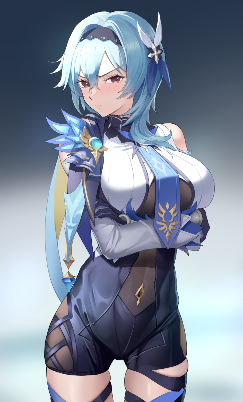 1girl amco arms_under_breasts asymmetrical_hair bangs blue_gloves blue_hair blue_necktie blush breasts capelet closed_mouth covered_navel crossed_arms detached_sleeves eula_(genshin_impact) genshin_impact gloves hair_between_eyes hair_ornament hairband highres large_breasts leotard looking_at_viewer medium_hair necktie purple_eyes skindentation solo thigh_strap thighhighs thighs v-shaped_eyebrows vision_(genshin_impact) wavy_mouth