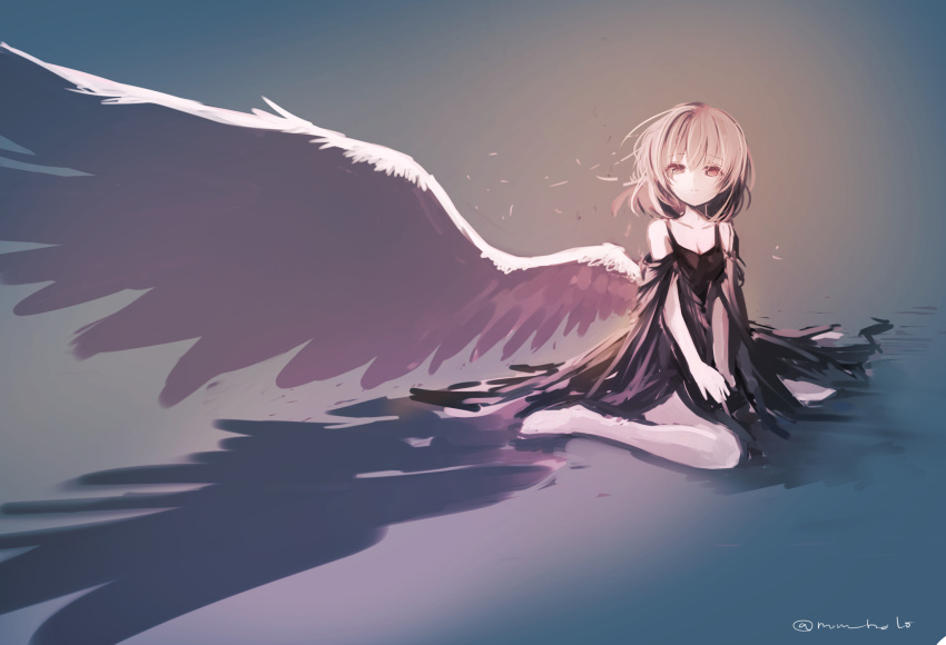 1girl :| bare_legs barefoot black_dress closed_mouth commentary dress eyebrows_visible_through_hair feathered_wings full_body hair_between_eyes hands_on_lap highres kishin_sagume large_wings looking_at_viewer mom_bolo on_ground red_eyes short_hair single_wing sitting solo touhou twitter_username v_arms wariza white_hair white_wings wings