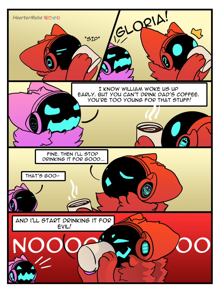 2022 3:4 absurd_res coffee_mug comic dialogue drinking duo english_text fur gloria_(heartermobs) heartermobs hi_res humor machine meme pink_body pink_fur protogen red_body red_fur simple_background sound_effects speech_bubble text trollface