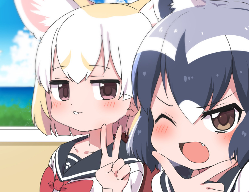 2girls :3 alternate_costume animal_ears blonde_hair blush bow bowtie brown_eyes commentary_request common_raccoon_(kemono_friends) extra_ears eyebrows_visible_through_hair fang fennec_(kemono_friends) fox_ears fox_girl grey_hair highres kemono_friends matching_outfit multicolored_hair multiple_girls one_eye_closed open_mouth raccoon_ears raccoon_girl ransusan red_bow red_bowtie sailor_collar school_uniform selfie shirt short_hair v white_hair white_shirt