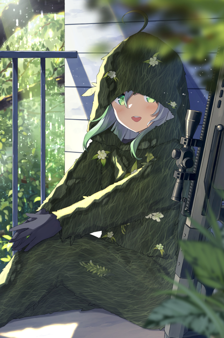 1girl :d absurdres ahoge black_gloves blurry blurry_foreground commentary_request copyright_request depth_of_field feet_out_of_frame ghillie_suit gloves gradient_hair green_eyes green_hair grey_hair gun highres hood hood_up long_hair long_sleeves looking_at_viewer mimura_zaja multicolored_hair railing rifle sitting smile sniper_rifle sniper_scope solo teeth upper_teeth virtual_youtuber weapon weapon_request