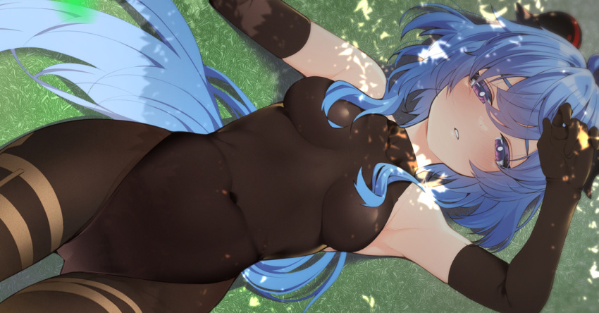 1girl ahoge armpits arms_up ass_visible_through_thighs bangs black_gloves black_legwear black_leotard blue_hair blush bodystocking bodysuit breasts covered_navel elbow_gloves ganyu_(genshin_impact) genshin_impact gloves grass hand_on_own_face knee_up leotard leotard_under_clothes long_hair looking_at_viewer lying medium_breasts nigo_(aozoragarou) no_shoes on_back outdoors parted_lips purple_eyes sidelocks sleeveless solo thighlet thighs tree_shade