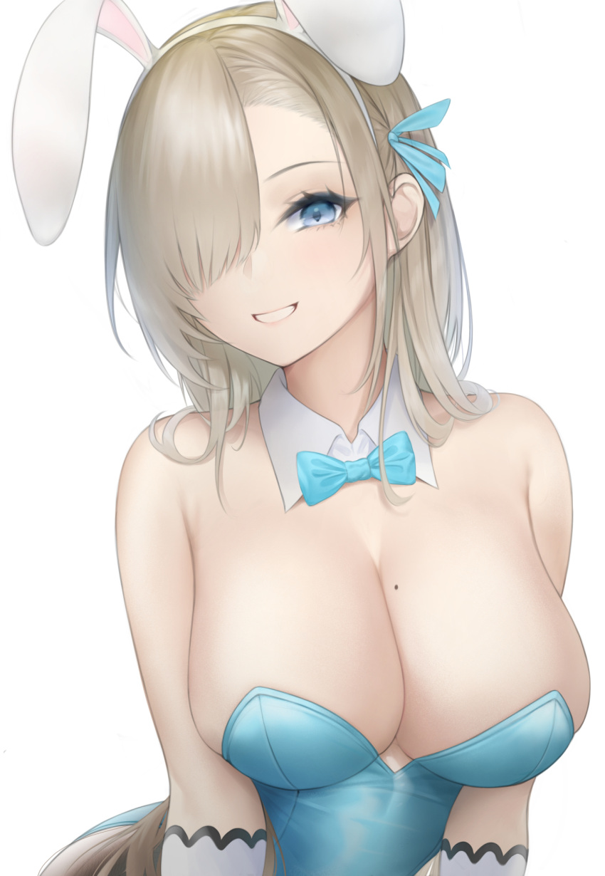 1girl animal_ears asuna_(blue_archive) bare_shoulders blonde_hair blue_archive blue_eyes bow bowtie breasts cleavage hair_over_one_eye highres large_breasts looking_at_viewer mari_(doraerin0) mole mole_on_breast playboy_bunny rabbit_ears smile solo white_background