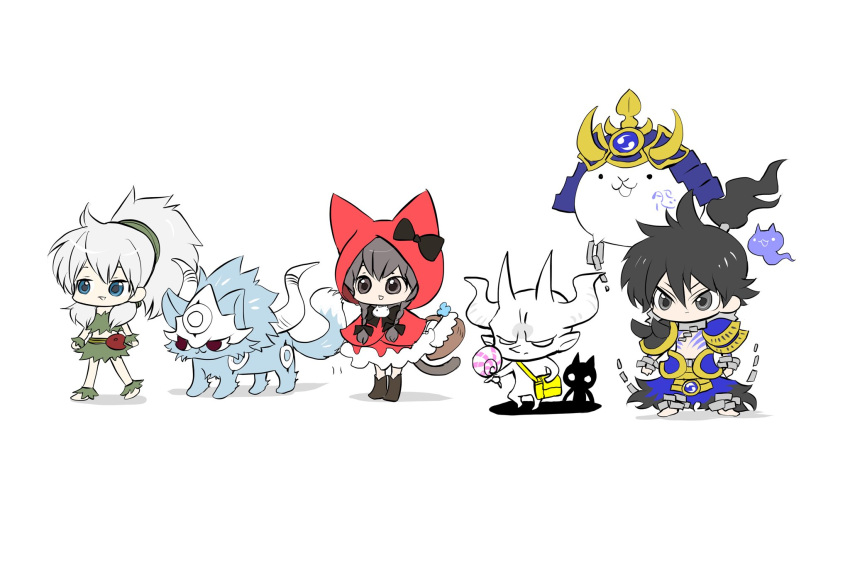 2boys 2girls basket beast black_eyes black_hair blue_eyes braid candy cat_(nyanko_daisensou) cat_tail chibi demon_horns food highres horns lollipop magatama minya_(nyanko_daisensou) multiple_boys multiple_girls murayamawataru no_pupils nyanko_daisensou ponytail red_eyes red_hood spirit tail tama_(nyanko_daisensou) ururun_wolf_(nyanko_daisensou) white_background white_hair wolf