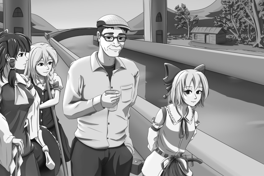 1boy 3girls black_pants bow breasts bridge canal collared_shirt cup detached_sleeves english_commentary fine_art_parody greyscale hair_between_eyes hair_bow hakurei_reimu hand_in_pocket highres holding holding_cup holding_weapon kirisame_marisa long_hair looking_at_viewer medium_breasts medium_hair monochrome multiple_girls outdoors pants parody rectangular_eyewear satsuki_rin shirt short_hair skirt snakfusker touhou tree walking weapon wide_sleeves zun