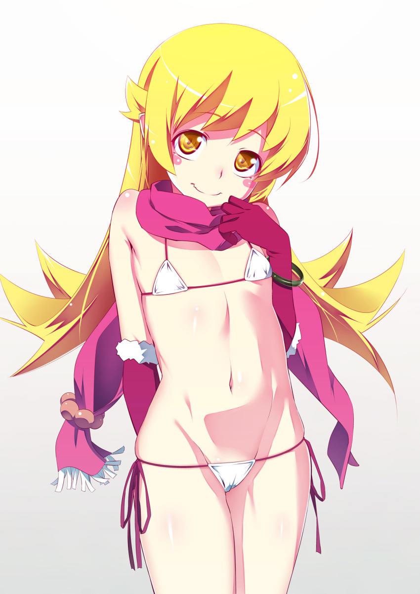 1girl bangle bare_shoulders bikini blonde_hair blush_stickers bracelet cowboy_shot doughnut elbow_gloves eyebrows_visible_through_hair flat_chest food fringe_trim fur_trim gloves gradient gradient_background highres jewelry long_hair looking_at_viewer lowleg lowleg_bikini monogatari_(series) oshino_shinobu red_gloves scarf shiny shiny_skin side-tie_bikini smile solo swimsuit tanabe_kyou two-tone_bikini yellow_eyes