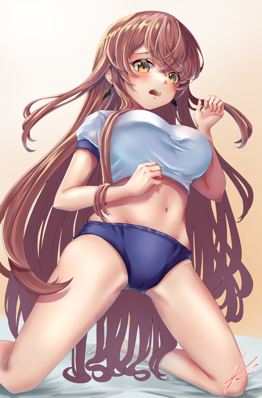 1girl azur_lane bangs bare_legs barefoot blue_buruma breasts brown_hair buruma commentary_request crop_top eyebrows_visible_through_hair foot_out_of_frame highres kneeling large_breasts long_hair midriff navel open_mouth shirt short_sleeves solo stomach thighs very_long_hair volga_(azur_lane) white_shirt yam_(yam6056) yellow_eyes