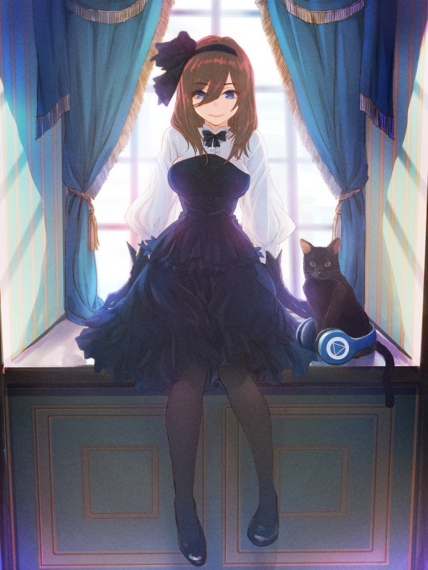 1girl animal arms_at_sides black_bow black_bowtie black_cat black_dress black_footwear black_gloves black_legwear black_ribbon blue_eyes bow bowtie breasts brown_hair cat collared_shirt curtains dress dress_shirt fringe_trim full_body gloves go-toubun_no_hanayome hair_between_eyes hairband headphones headphones_removed highres hirokiku indoors long_hair long_sleeves looking_at_viewer nakano_miku pantyhose pinafore_dress puffy_long_sleeves puffy_sleeves ribbon see-through_silhouette shirt shoes sitting smile solo white_shirt window_shade windowsill