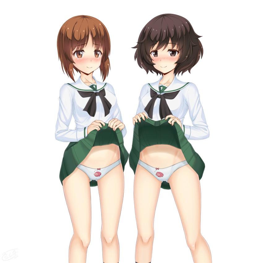2girls absurdres akiyama_yukari blush breasts brown_hair cameltoe closed_mouth clothes_lift collarbone eyebrows_visible_through_hair girls_und_panzer green_skirt highres lifted_by_self looking_at_viewer miniskirt multiple_girls nishizumi_miho ooarai_school_uniform panties pleated_skirt sainohikari school_uniform shiny shiny_hair short_hair simple_background skirt skirt_lift small_breasts smile standing underwear white_background white_panties