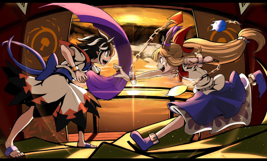 2girls balcony black_dress black_hair blue_bow bow cloud cuffs door dress epic_armageddon from_side hair_bow highres horn_bow horn_ornament horn_ribbon horns ibuki_suika indoors kijin_seija long_hair looking_at_another multicolored_clothes multicolored_dress multicolored_hair multiple_girls oni open_mouth orange_hair pointy_ears red_dress ribbon shackles short_hair skirt sky streaked_hair sun sunset torn_clothes torn_sleeves touhou white_dress white_hair youkai