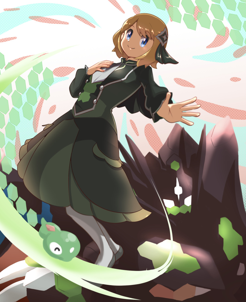 1girl bangs blue_eyes brown_hair closed_mouth commentary_request dress energy eyelashes green_dress hair_ornament highres long_sleeves medium_hair official_alternate_costume outstretched_arm pantyhose pokemon pokemon_(creature) pokemon_(game) pokemon_masters_ex saon101 serena_(pokemon) shoes smile standing white_legwear zygarde zygarde_(complete) zygarde_core