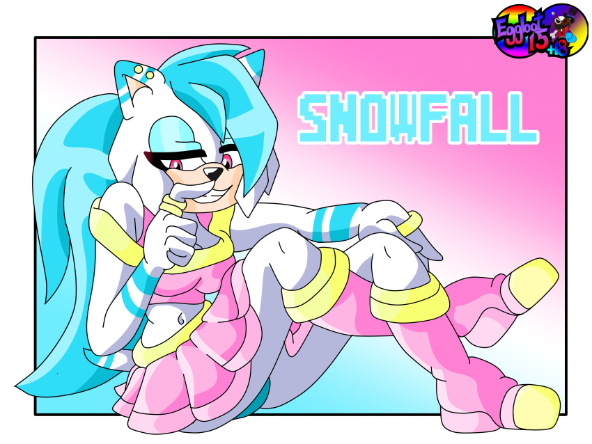 absurd_res anthro blue_hair boots bottomwear clothed clothing ear_piercing eggbot15 eulipotyphlan fan_character female footwear fur fur_hair hair hedgehog hi_res mammal miniskirt panties piercing pink_eyes ponytail pose sega shirt simple_background sitting skirt smile snowfall_(eggbot15) solo sonic_the_hedgehog_(series) tank_top topwear underwear white_body white_fur