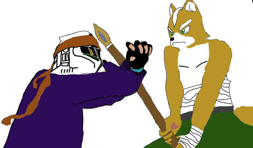 anthro armor canid canine clothing duo fight fox fox_mccloud fur green_eyes headgear helmet human krystal's_staff male mammal nintendo purple_clothing rareware sega shirtless star_fox star_wars video_games yakuza_(series) yellow_body yellow_fur