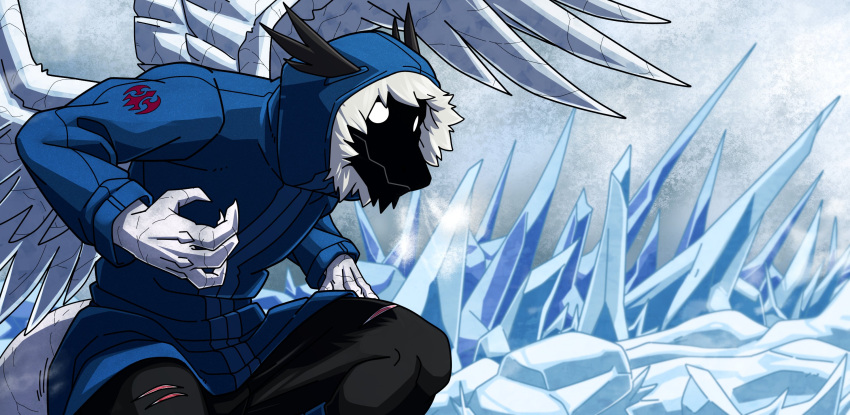 anthro black_bottomwear black_clothing black_pants blue_clothing blue_coat blue_topwear bottomwear clei clothing coat dragon feathered_dragon feathered_wings feathers frost hi_res ice male my_hero_academia nameless00 pants solo topwear windragon wings