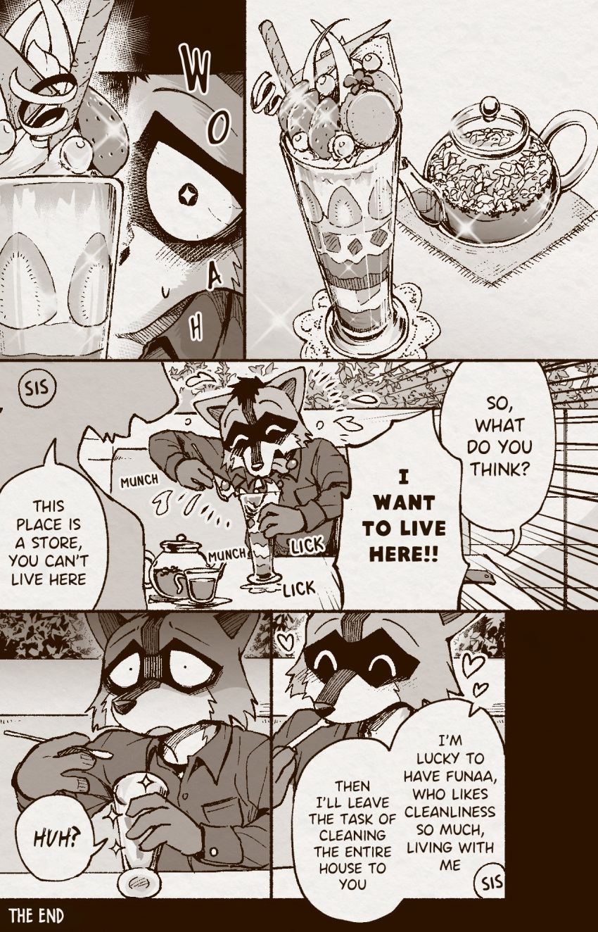 &lt;3 anthro araizumi_funaka blush clothed clothing comic dark_ishihara dessert edit english_text excited eyes_closed food fruit happy hard_translated hi_res ice_cream male mammal open_mouth plant procyonid raccoon smile star_eyes strawberry sundae tea_pot text tongue tongue_out translated