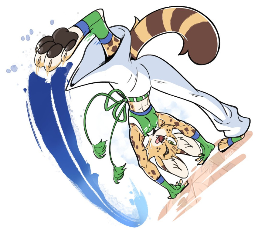 action_pose anthro athletic athletic_anthro athletic_female attack beezii big_ears bra clawed_toes clothing digital_drawing_(artwork) digital_media_(artwork) dutch_angle eyebrows felid feline female fingerless_gloves fingers footwear fur gloves green_eyes handwear kick kickboxing kickboxing_socks kiera_(yeahbeezii) mammal markings martial_arts_uniform motion_lines open_mouth pose serval simple_background smile socks solo sports_bra sportswear spots spotted_body spotted_fur striped_markings striped_tail stripes tail_markings toeless_footwear toeless_socks tomboy tongue tongue_out underwear upside_down white_background