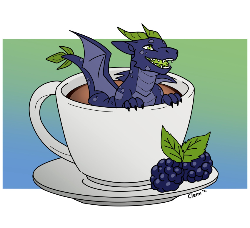 beverage blackberry_(fruit) blue_body coffee coffee_mug dragon feral food fruit green_eyes green_horn green_tongue hi_res horn male nameless00 plant scalie solo tongue wings