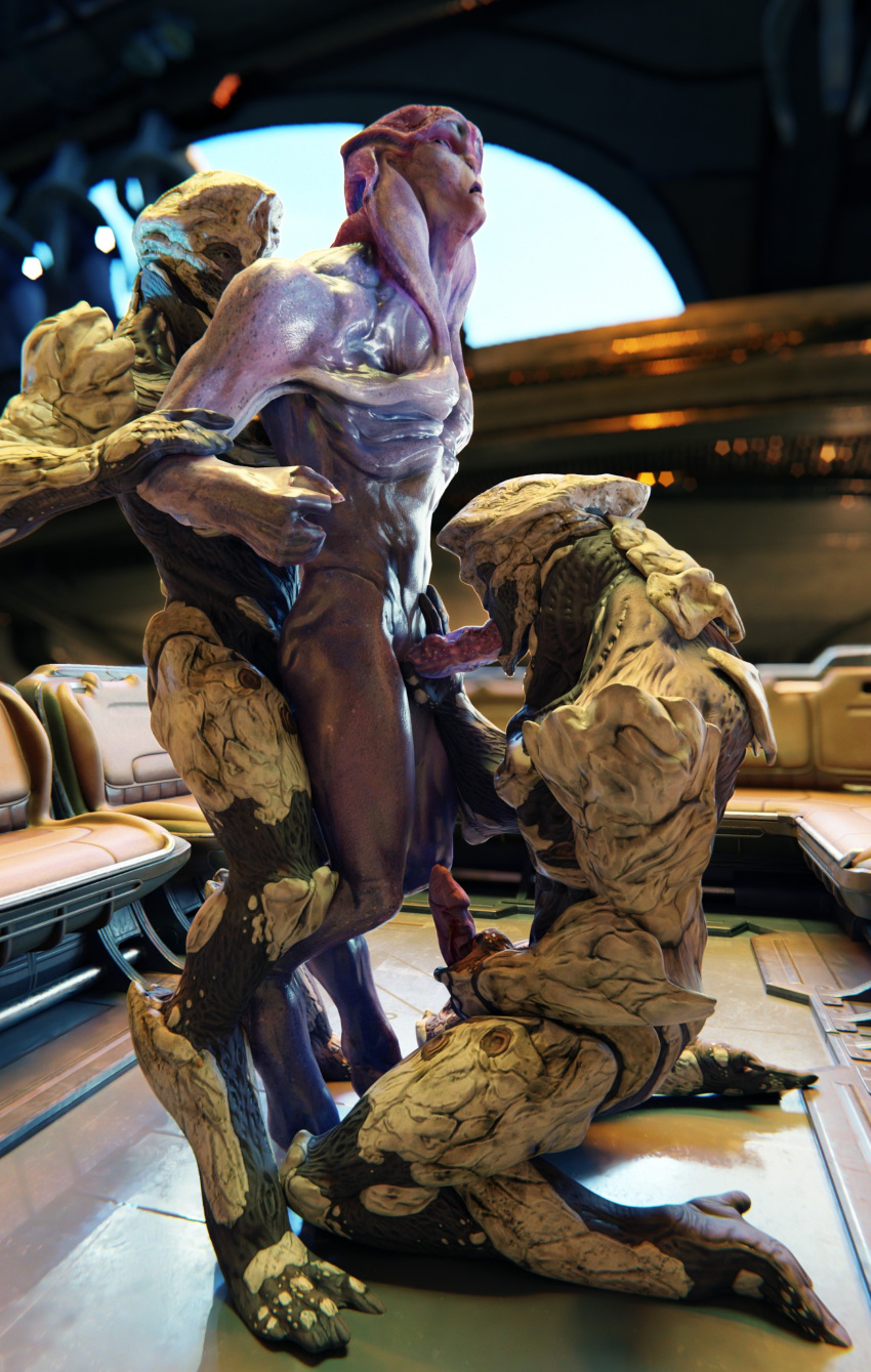 3d_(artwork) absurd_res alien angara anthro digital_media_(artwork) erection fellatio genitals group group_sex handjob hi_res humanoid kett_(race) male male/male mass_effect mass_effect_andromeda nude oral penile penis purple_body purple_skin ralic_turman sandwich_position sex threesome trio video_games