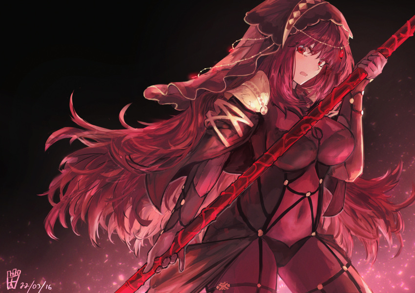 1girl absurdres armor bangs bodysuit breasts covered_navel fate/grand_order fate_(series) gae_bolg_(fate) hair_between_eyes highres large_breasts long_hair looking_at_viewer ootato open_mouth pauldrons polearm purple_bodysuit purple_hair red_eyes scathach_(fate) shoulder_armor spear thighs veil weapon