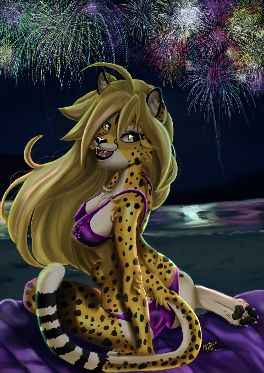 2017 anthro bikini blonde_hair breasts cheetah clothing digital_media_(artwork) felid feline female fireworks fur hair hi_res mammal mihari_(miharicheetah) mtapartstuff night open_mouth pawpads sitting solo spots swimwear teeth yellow_body yellow_eyes yellow_fur