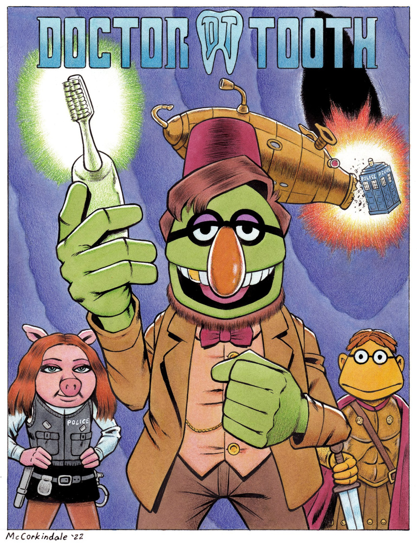 2022 4_fingers 5_fingers anthro armor beard belt big_nose blue_eyes border bottomwear bow_tie brown_hair bruce_mccorkindale brush cape centurion clothing cuff_(restraint) denise_(muppets) doctor_who domestic_pig dr._teeth english_text eyewear facial_hair female fez_hat fingers glasses gold_(metal) gold_tooth green_body group hair handcuffs hi_res humanoid jacket male mammal melee_weapon metal_cuffs muppet muppets noseless pants pink_body pink_skin police_uniform red_hair restraints roman_clothing scooter_(muppets) ship signature skirt snout suid suina sus_(pig) sword tardis teeth text the_muppet_show toothbrush topwear uniform vehicle vest watercraft weapon white_border yellow_body