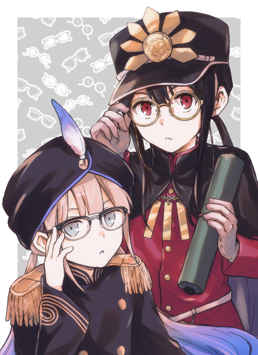 :o bangs bespectacled black_cape black_hair blue_hair brown-framed_eyewear brown_hair cape captain_nemo_(fate) closed_mouth eyebrows_behind_hair family_crest fate/grand_order fate_(series) glasses gloves gradient_hair grey_background hair_between_eyes hat highres holding koha-ace long_sleeves low_ponytail multicolored_hair nemo_(fate) oda_nobukatsu_(fate) oda_uri parted_lips peaked_cap ponytail red_eyes red_shirt round_eyewear shirt tachitsu_teto turban two-tone_background upper_body white_background white_gloves