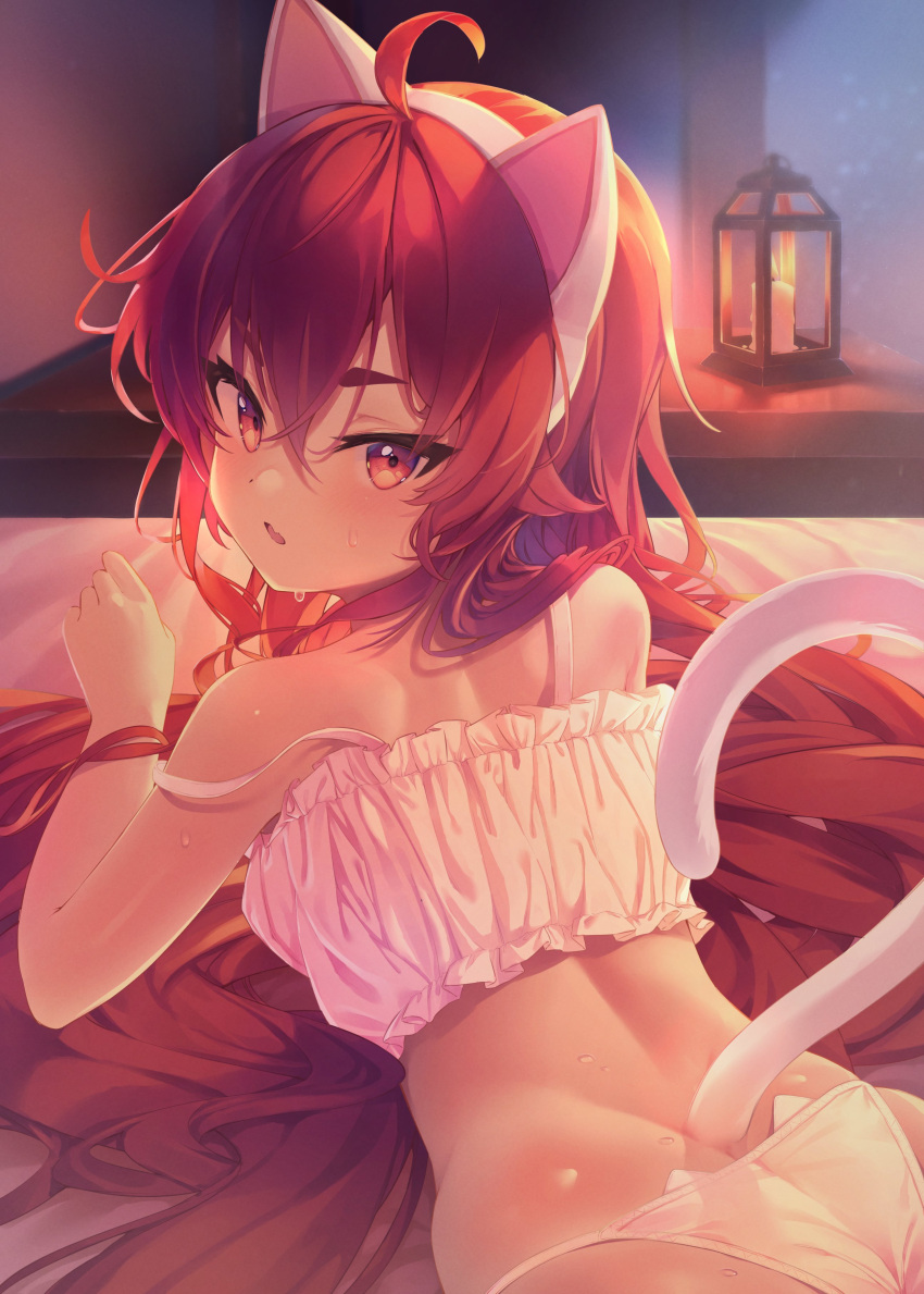 1girl absurdres ahoge animal_ears ass back backlighting bare_shoulders bed blush bra candle candlelight cat_ear_hairband cat_ear_panties cat_ears cat_lingerie cat_tail commentary_request eris_greyrat fake_animal_ears fang frilled_bra frills hair_between_eyes hairband highres jiyasu lantern lingerie long_hair looking_at_viewer looking_back lying meme_attire mushoku_tensei on_bed on_stomach panties parted_lips paw_pose red_eyes red_hair solo strap_slip sweat tail underwear very_long_hair white_bra white_panties