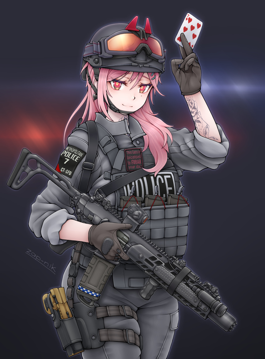 1girl absurdres alternate_costume assault_rifle badge blurry blurry_background card closed_mouth commission commissioner_upload ctsfo eyebrows_visible_through_hair flashlight girls'_frontline gloves goggles gun hand_tattoo helmet highres holding holding_weapon holster magazine_(weapon) neck_tattoo non-web_source patch pink_hair plate_carrier playing_card police police_uniform red_eyes rifle sig_mcx_(girls'_frontline) sig_sauer_mcx sight sleeves_rolled_up sling smug suppressor taser tattoo uniform vertical_foregrip weapon zap-nik