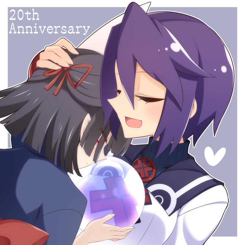 2girls animal_ears anniversary black_hair bow closed_eyes closed_mouth commentary_request crystal_ball english_text hair_between_eyes hair_bow hand_on_another's_head hasaha heart highres holding muchin_jousha multiple_girls open_mouth purple_hair rabbit_ears red_bow red_eyes short_hair summon_night summon_night_2 toris upper_body