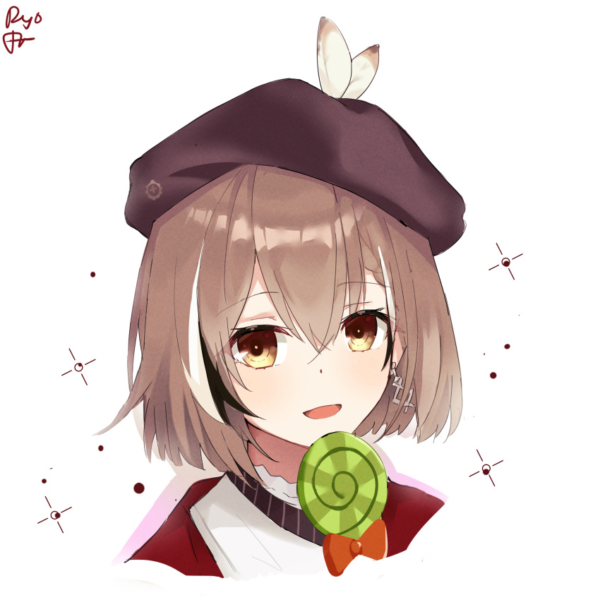 1girl :d bangs beret braid braided_bangs brown_eyes brown_hair candy earrings feathers food hat highres hololive hololive_english japanese_clothes jewelry kimono lollipop looking_at_viewer nanashi_mumei red_shawl ryo single_earring smile solo sparkle virtual_youtuber white_kimono