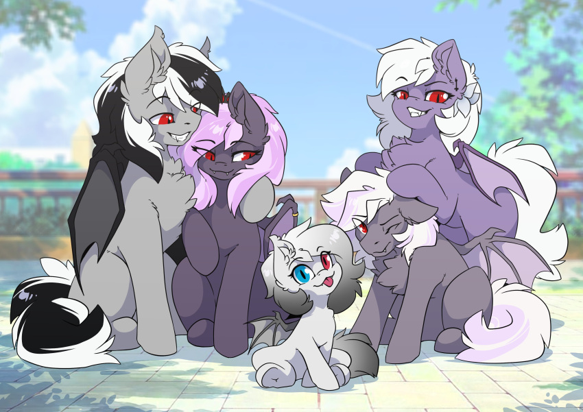 absurd_res age_difference ashley-arctic-fox bat_pony bat_wings blue_eyes equid fan_character fangs feral group half-closed_eyes hasbro hi_res hooves inner_ear_fluff looking_at_viewer mammal membrane_(anatomy) membranous_wings my_little_pony narrowed_eyes one_eye_closed plant red_eyes sitting smile tongue tongue_out tree tuft wing_claws wings