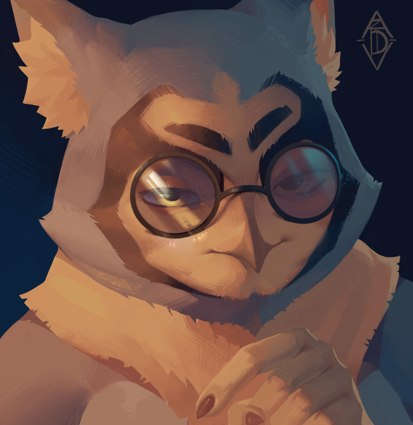 2022 anthro avian bird cozydivan dark_eyes detailed digital_media_(artwork) eyewear fan_character fur glasses hi_res male nails nude owl portrait sfw_nudity shaded simple_background smile solo