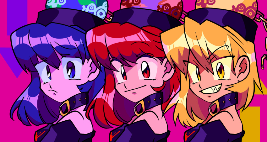 3girls black_shirt blonde_hair blue_eyes blue_hair breasts chain closed_mouth earth_(ornament) gold_chain grin hecatia_lapislazuli hecatia_lapislazuli_(earth) hecatia_lapislazuli_(moon) moon_(ornament) multiple_girls multiple_persona off-shoulder_shirt off_shoulder pink_background polos_crown red_eyes red_hair shirt small_breasts smile t-shirt takayo_(user_yeah3737) touhou yellow_eyes