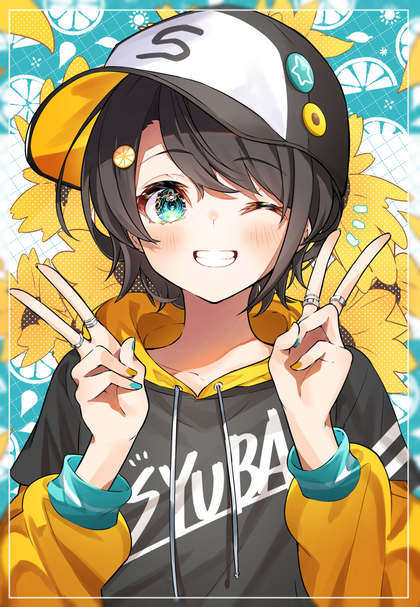 1girl ;) absurdres bangs baseball_cap black_headwear black_hoodie blue_eyes blue_nails brown_hair clothes_writing double_v drawstring eyebrows_visible_through_hair furuki_ayaginutaira grin hat highres hololive hood hood_down hoodie jewelry long_sleeves looking_at_viewer multicolored_nails multiple_rings nail_polish one_eye_closed oozora_subaru ring short_hair smile solo upper_body v virtual_youtuber yellow_nails