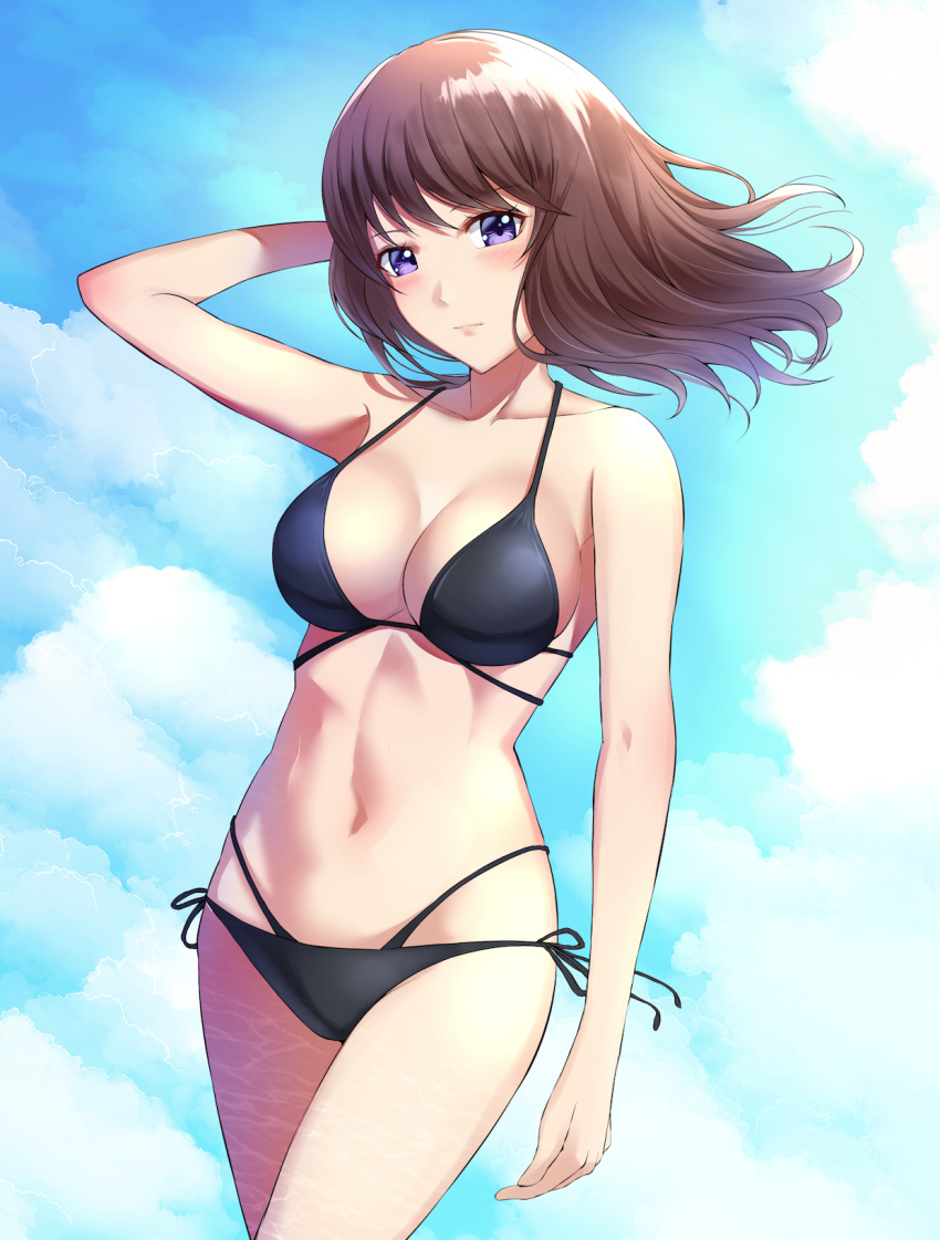 1girl bare_arms bikini black_bikini black_ribbon blush breasts brown_hair cleavage closed_mouth collarbone cowboy_shot floating_hair hand_in_hair highres izumi_rei_(stand_my_heroes) long_hair medium_breasts multi-strapped_bikini navel purple_eyes r2pi ribbon shiny shiny_hair side-tie_bikini sideboob solo stand_my_heroes standing straight_hair swimsuit