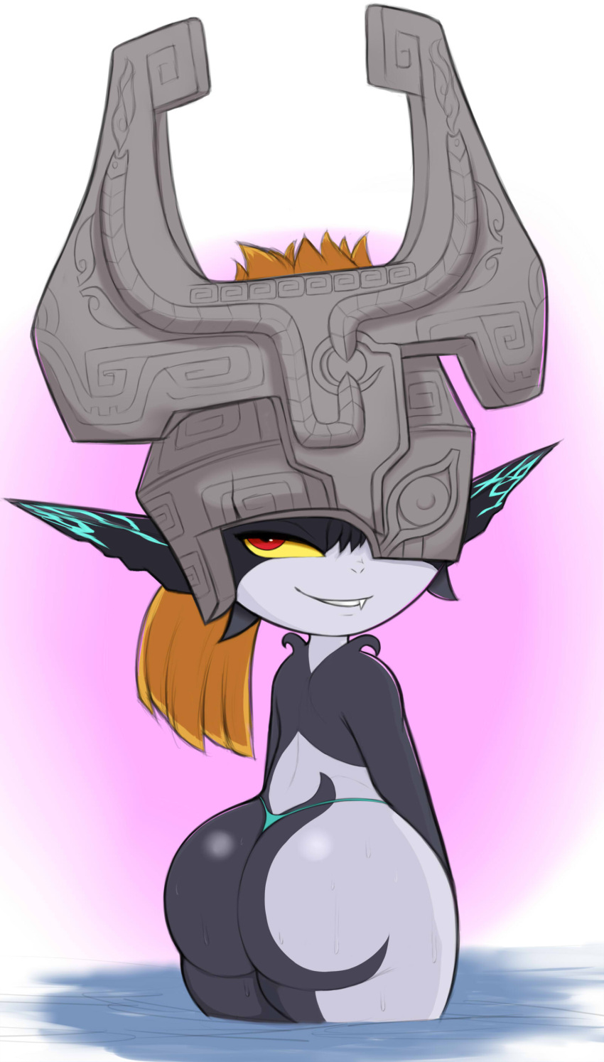 absurd_res armor bedroom_eyes big_butt bikini bikini_bottom bikini_thong blue_clothing blue_thong blue_underwear butt clothing fangs female hair headgear helmet hi_res humanoid humanoid_pointy_ears imp kierus looking_back midna narrowed_eyes nintendo orange_hair panties rear_view red_eyes seductive short_stack solo standing swimwear the_legend_of_zelda thong twili twilight_princess underwear video_games water wet yellow_sclera