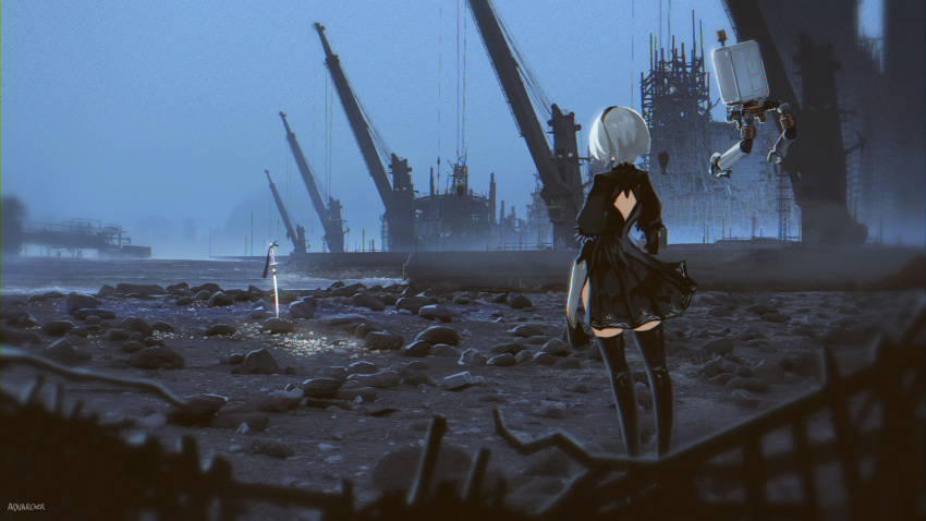 1girl anonamos artist_name back back_cutout black_dress black_hairband boots clothing_cutout dress feather-trimmed_sleeves hairband high_heel_boots high_heels highres juliet_sleeves long_sleeves nier_(series) nier_automata outdoors planted planted_sword pod_(nier_automata) puffy_sleeves robot scenery short_hair silver_hair sky sword thigh_boots thighhighs thighhighs_under_boots weapon yorha_no._2_type_b