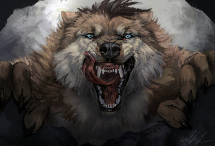 2022 ambiguous_gender anthro black_lips black_nose blue_eyes brown_body brown_fur canid canine claws digital_media_(artwork) fingers fur lips looking_at_viewer mammal open_mouth solo teeth tongue wolnir